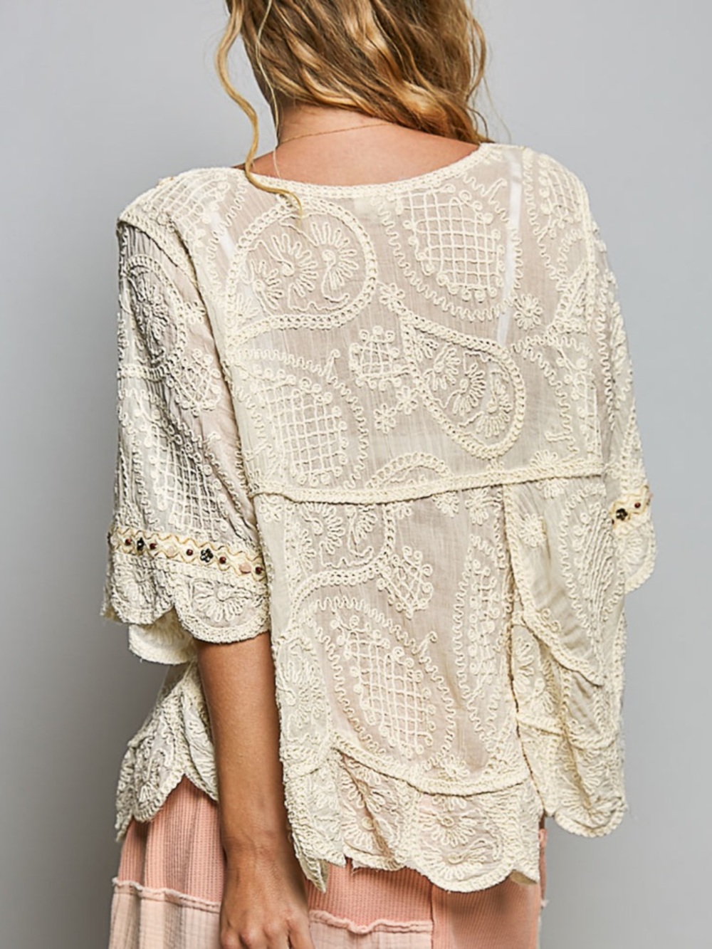 💕 POL Boho Lace-Embroidered Cream Peasant Top - Picture 4 of 8